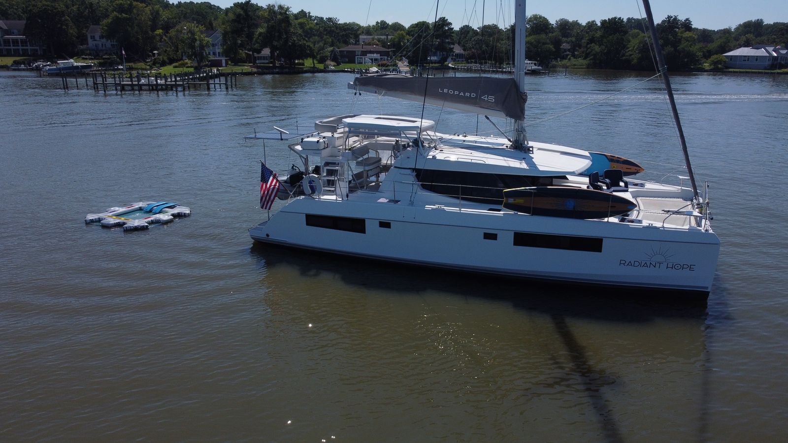 Aerial starboard view of catamaran at rest